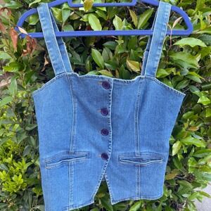 Women's M Denim Vest Top Medium Wash Button Front Blue Boho Western Y2k Cottage